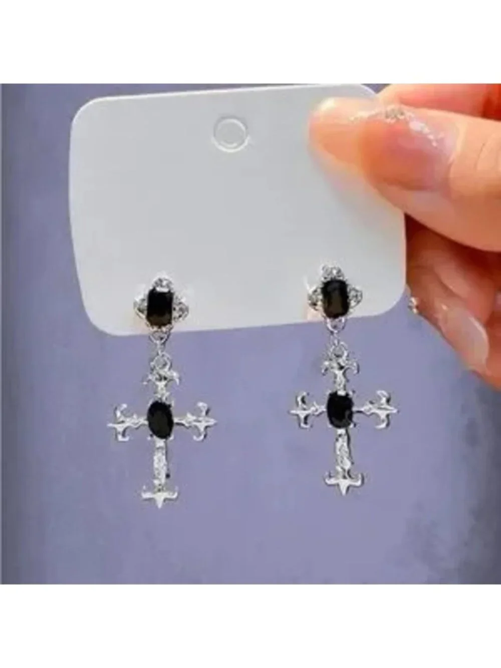 Silver Black Cross Dangle Earrings